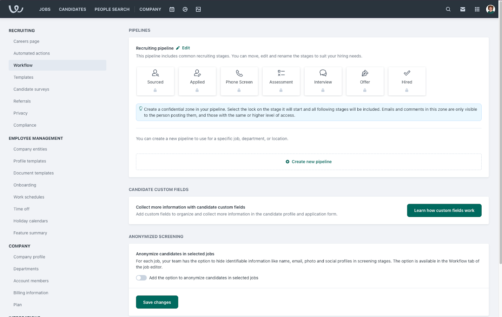 Workable has a customizable pipeline with different icons and labels to identify the different stages of the recruitment process. Source: TechnologyAdvice